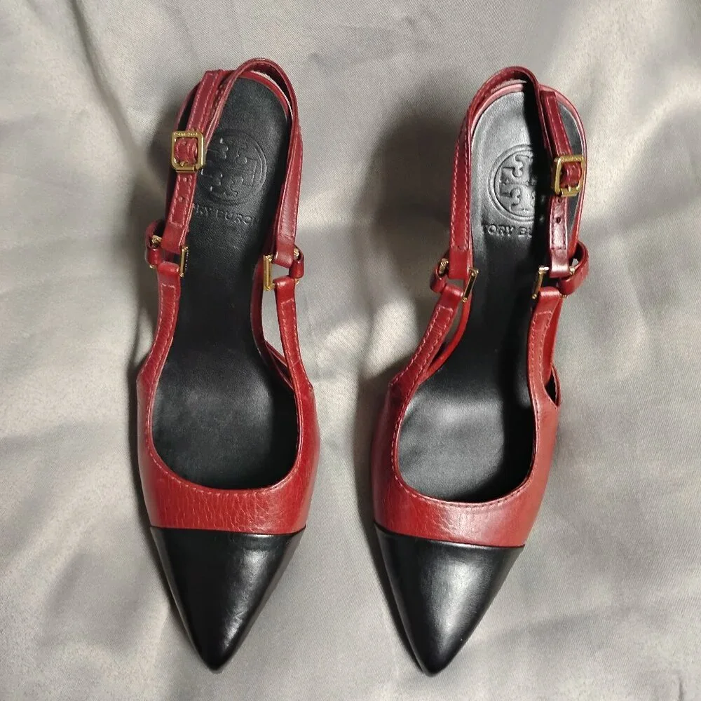 ❤️TORY BURCH Burgundy and Black All Leather Slingback Heel Shoes 7 Brazil - Picture 2 of 7